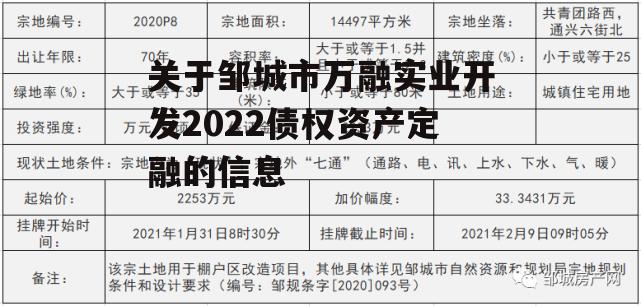 关于邹城市万融实业开发2022债权资产定融的信息