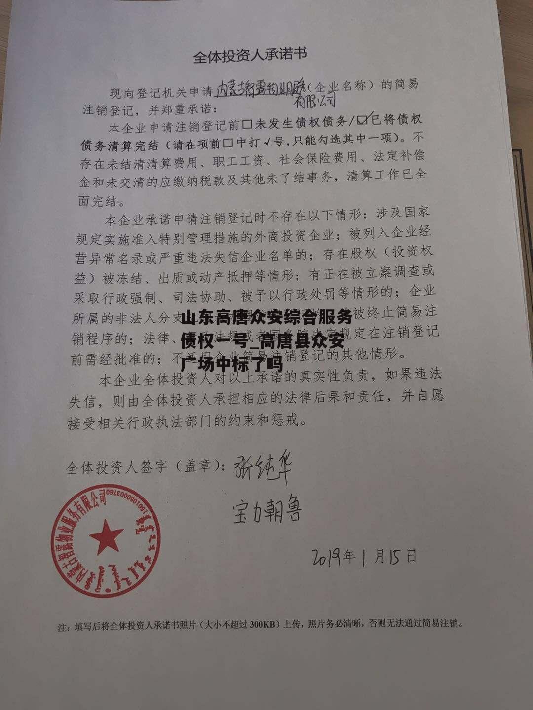 山东高唐众安综合服务债权一号_高唐县众安广场中标了吗