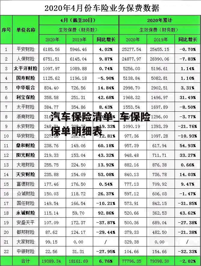 汽车保险清单_车保险保单明细表